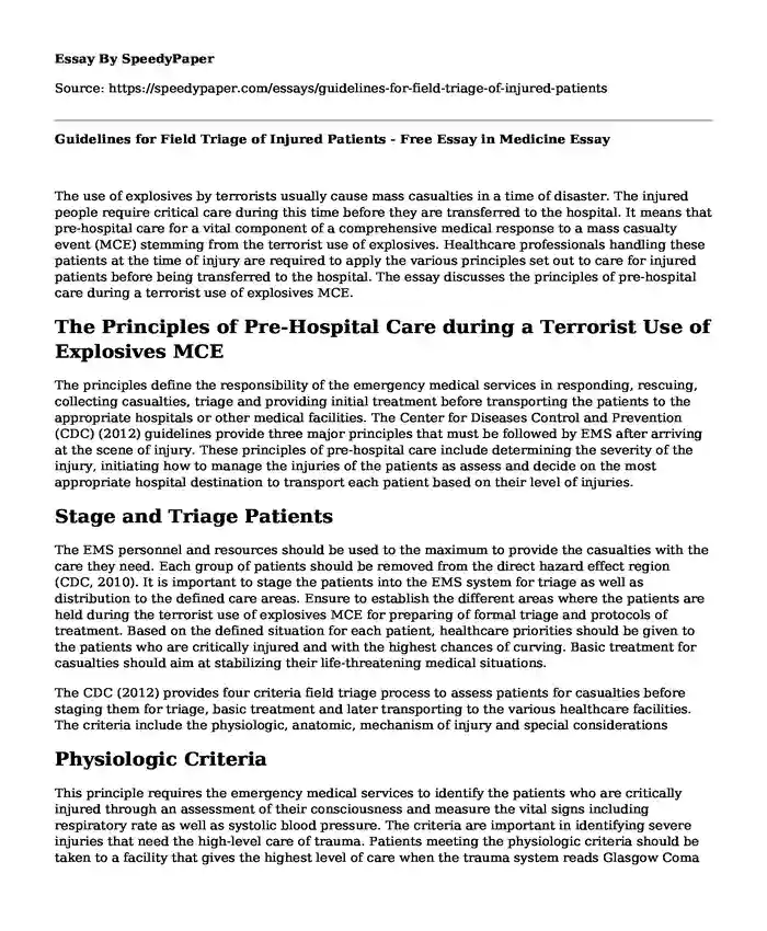 Guidelines for Field Triage of Injured Patients - Free Essay in Medicine
