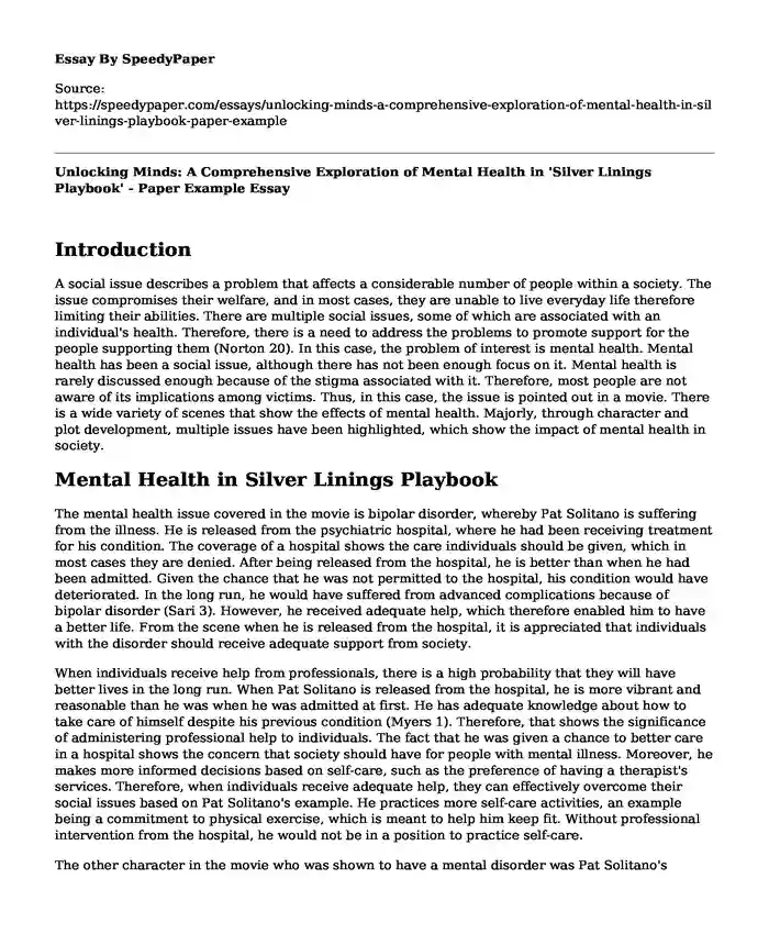 Unlocking Minds: A Comprehensive Exploration of Mental Health in 'Silver Linings Playbook' - Paper Example