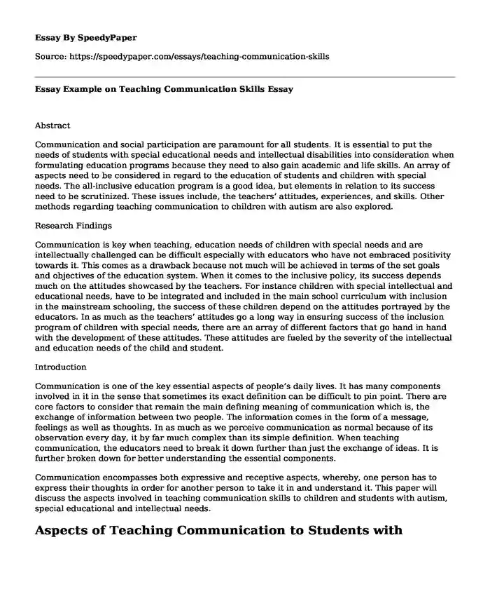Essay Example on Teaching Communication Skills
