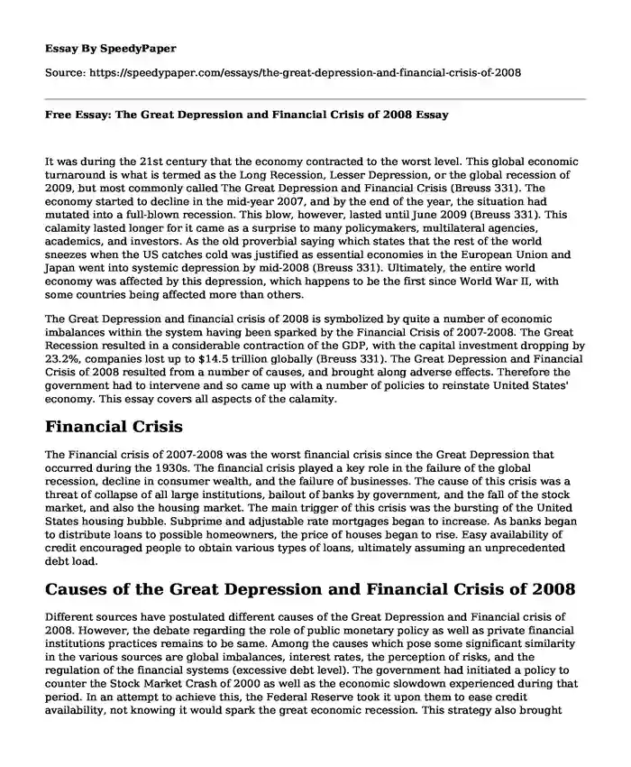 Free Essay: The Great Depression and Financial Crisis of 2008