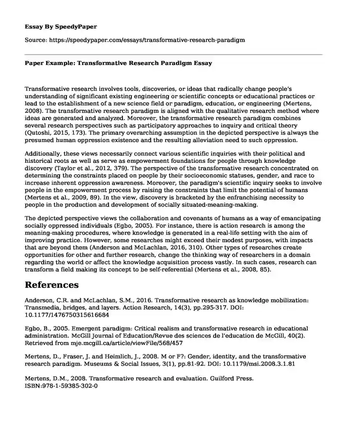 Paper Example: Transformative Research Paradigm
