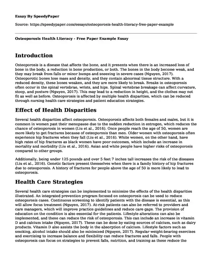 Osteoporosis Health Literacy - Free Paper Example