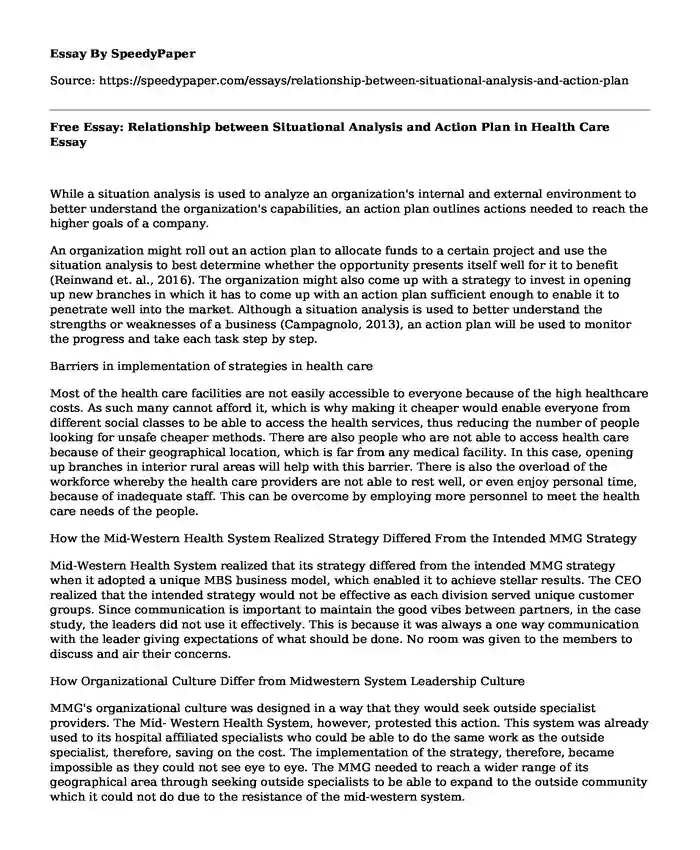 Free Essay: Relationship between Situational Analysis and Action Plan in Health Care