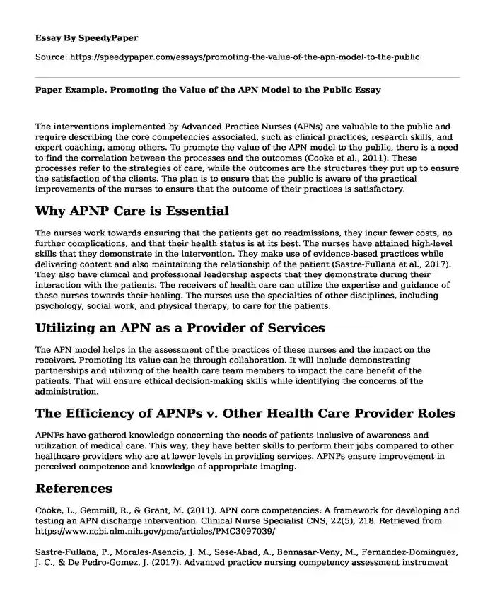Paper Example. Promoting the Value of the APN Model to the Public