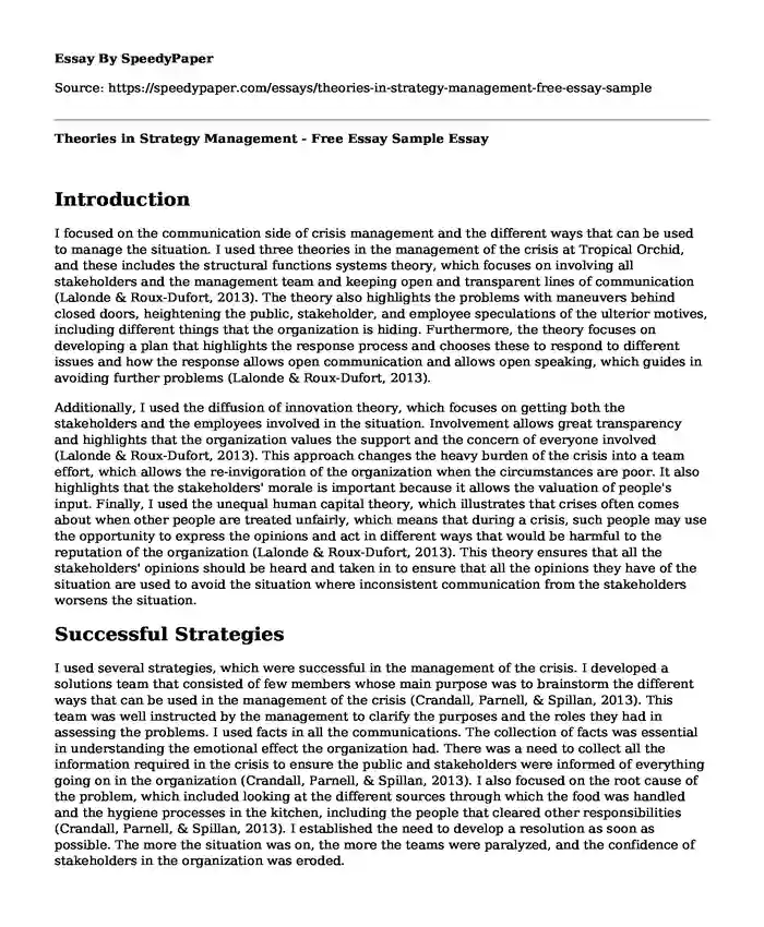 Theories in Strategy Management - Free Essay Sample