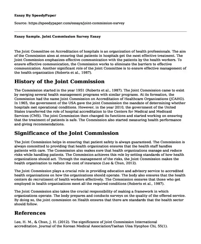 Essay Sample. Joint Commission Survey