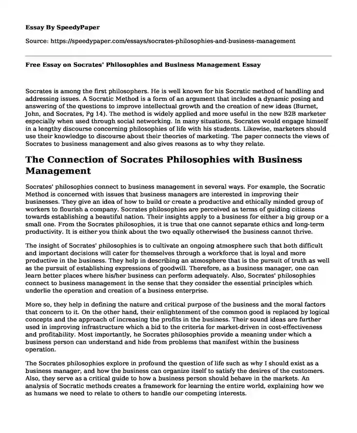 Free Essay on Socrates' Philosophies and Business Management