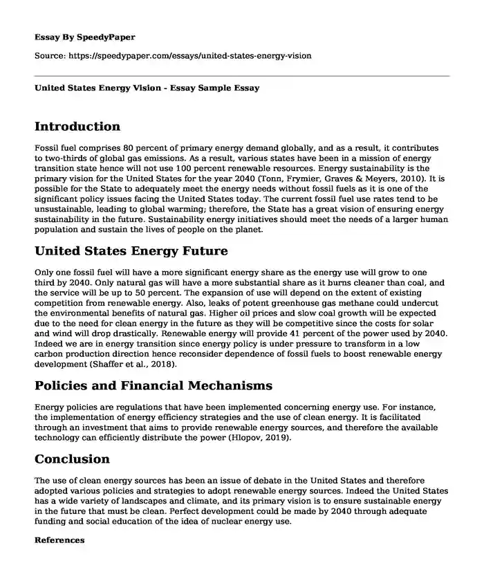 United States Energy Vision - Essay Sample