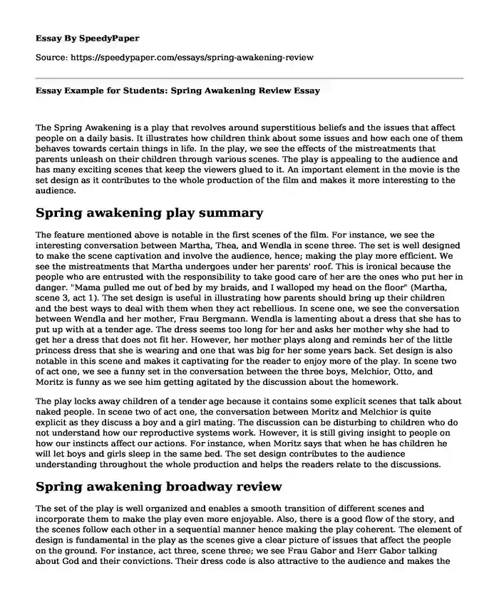 Essay Example for Students: Spring Awakening Review