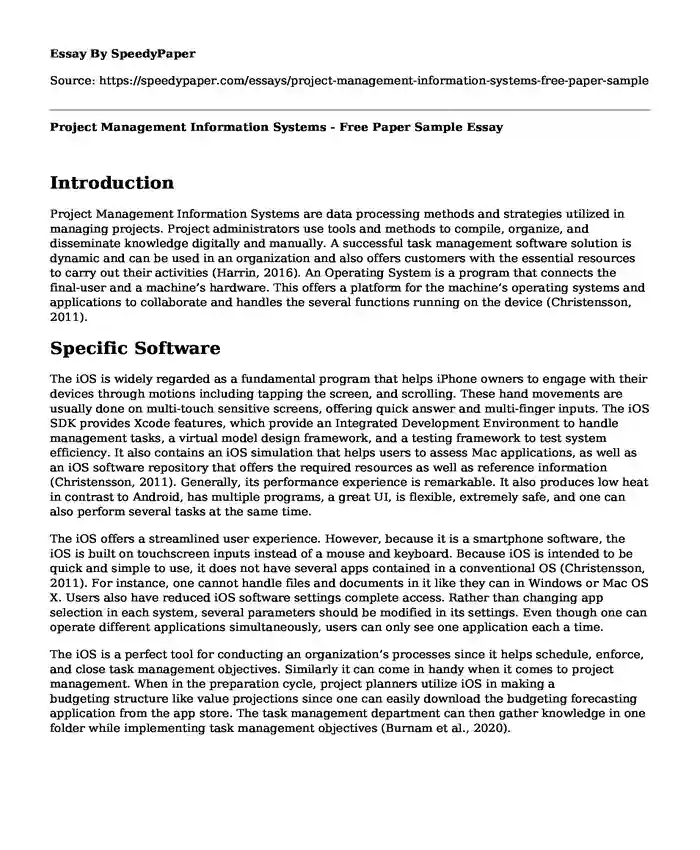 Project Management Information Systems - Free Paper Sample