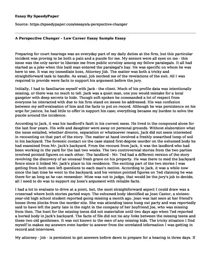 A Perspective Changer - Law Career Essay Sample