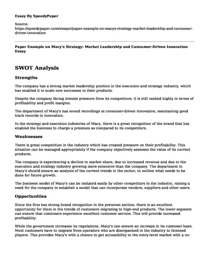 Paper Example on Macy's Strategy: Market Leadership and Consumer-Driven Innovation