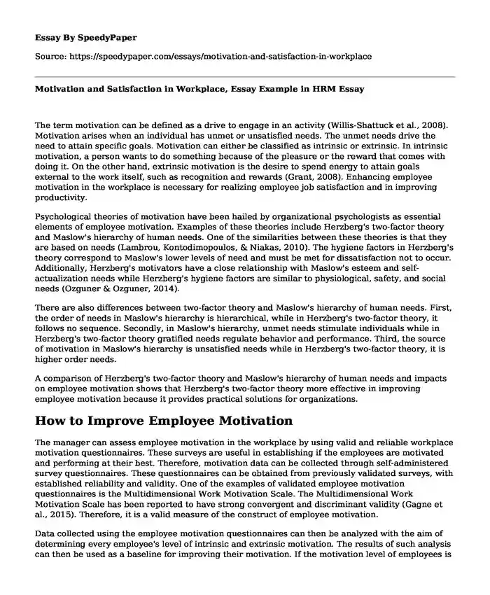 Motivation and Satisfaction in Workplace, Essay Example in HRM