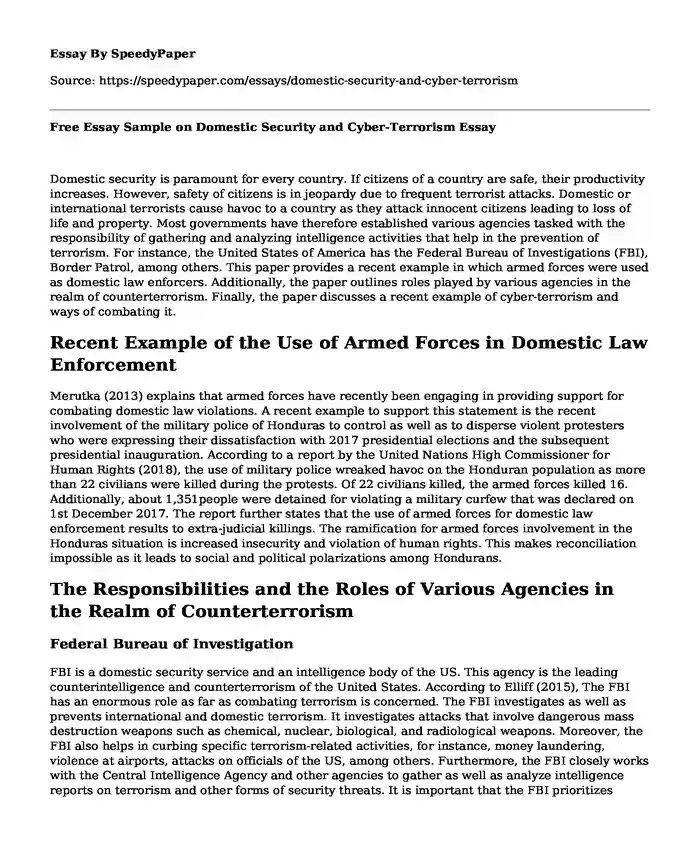 Free Essay Sample on Domestic Security and Cyber-Terrorism