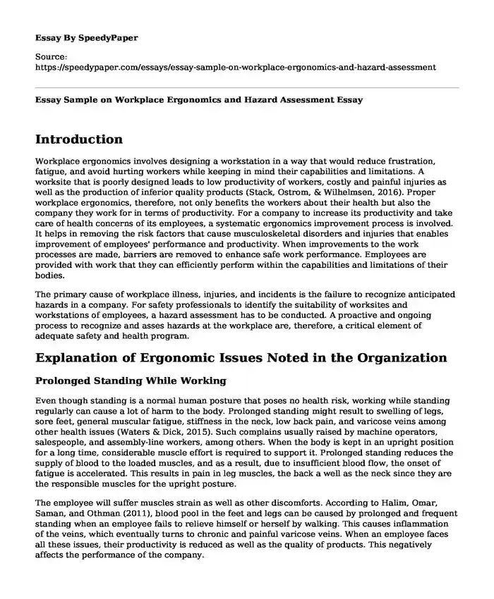 Essay Sample on Workplace Ergonomics and Hazard Assessment