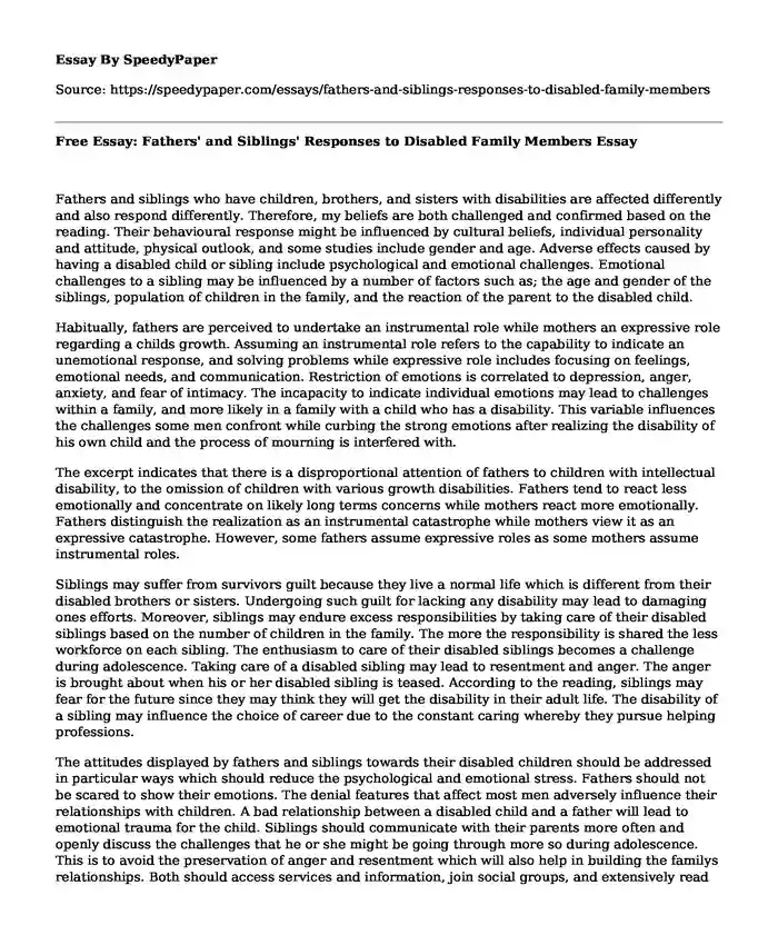 Free Essay: Fathers' and Siblings' Responses to Disabled Family Members