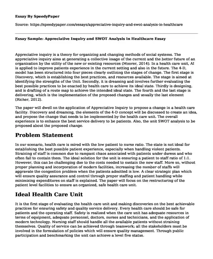 Essay Sample: Appreciative Inquiry and SWOT Analysis in Healthcare