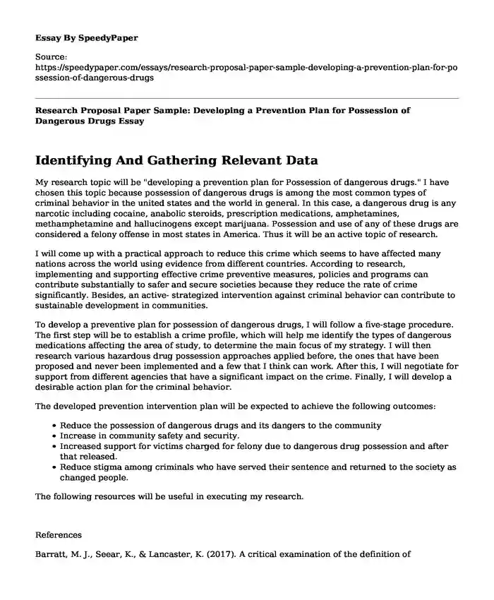 Research Proposal Paper Sample: Developing a Prevention Plan for Possession of Dangerous Drugs