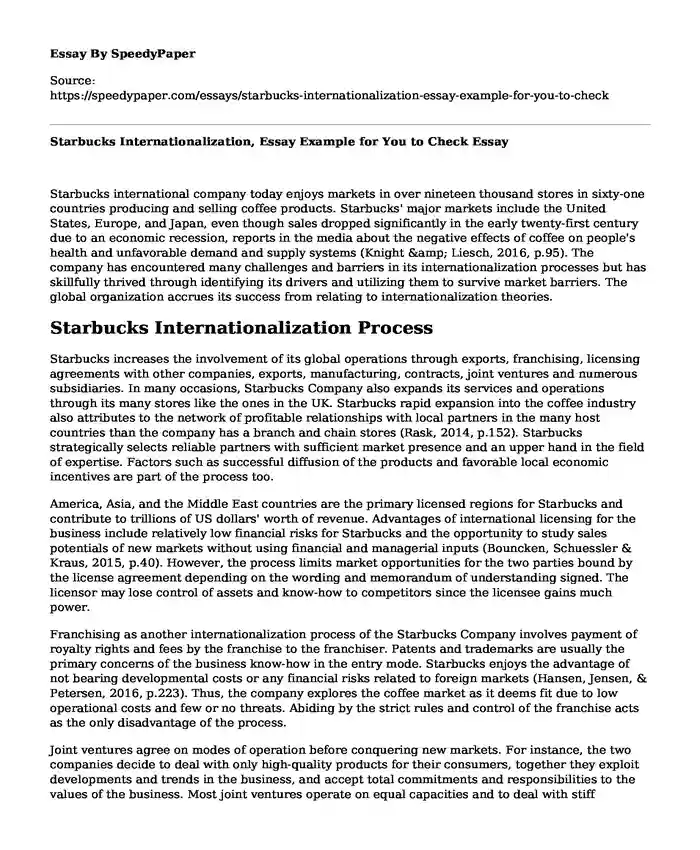 Starbucks Internationalization, Essay Example for You to Check