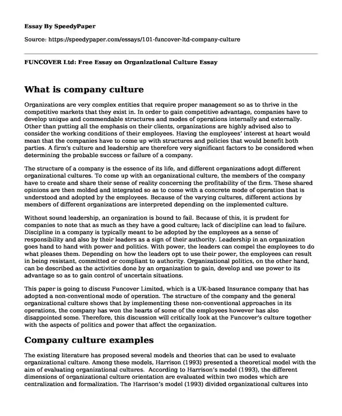 FUNCOVER Ltd: Free Essay on Organizational Culture