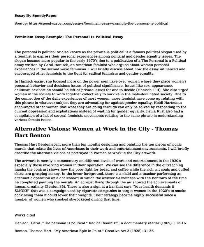 Feminism Essay Example: The Personal Is Political