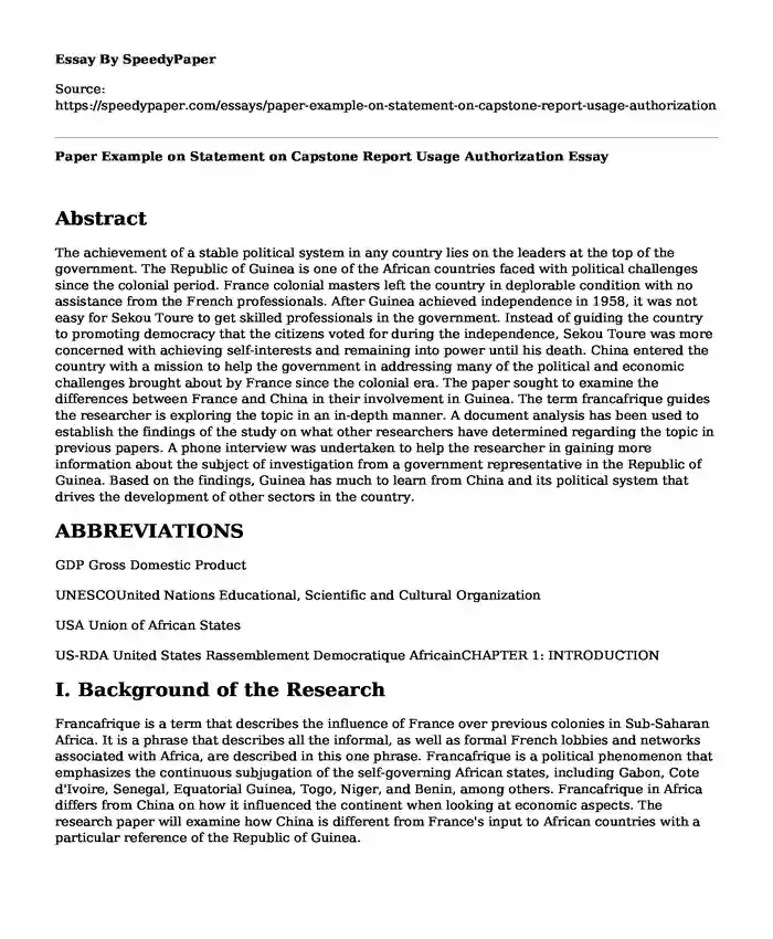 Paper Example on Statement on Capstone Report Usage Authorization
