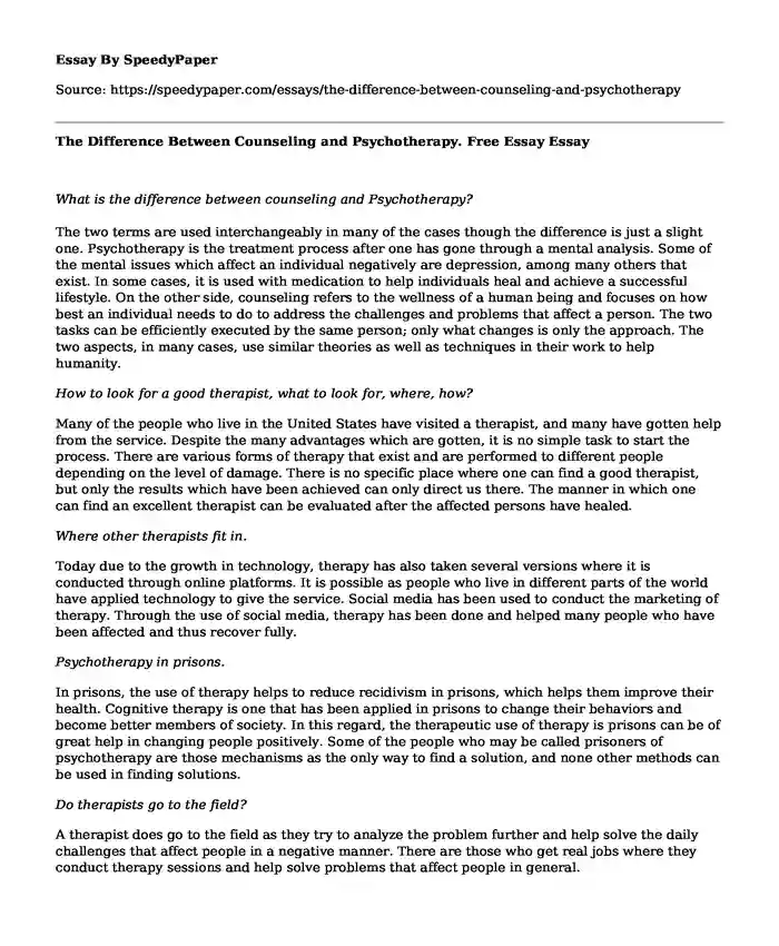 The Difference Between Counseling and Psychotherapy. Free Essay