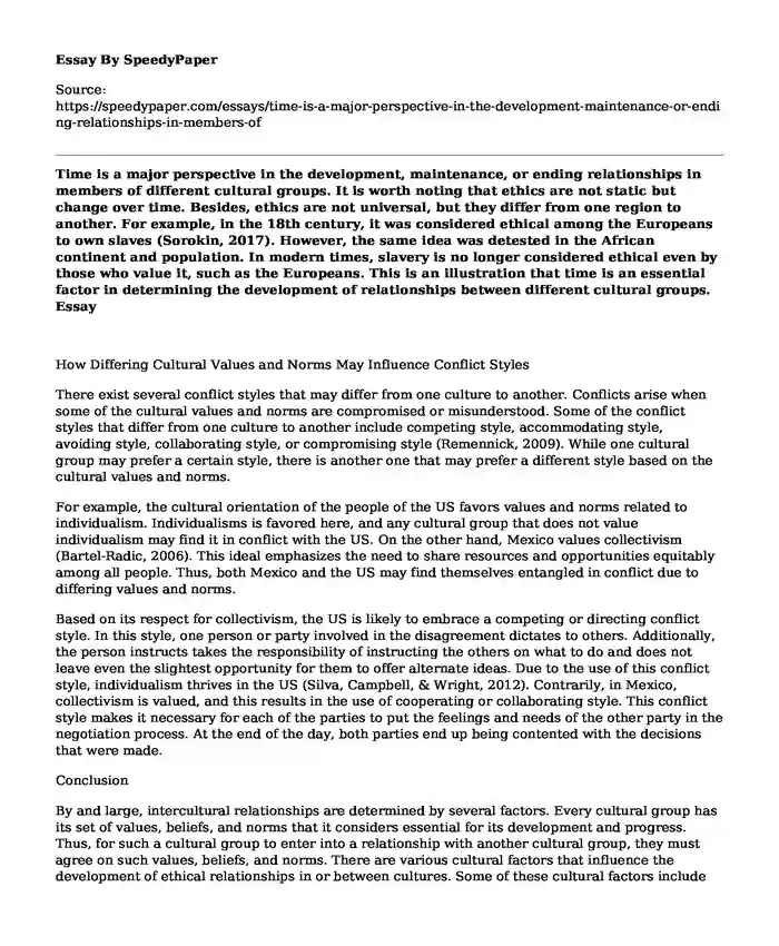 Time is a major perspective in the development, maintenance, or ending relationships in members of different cultural groups. It is worth noting that ethics are not static but change over time. Besides, ethics are not universal, but they differ from one region to another. For example, in the 18th century, it was considered ethical among the Europeans to own slaves (Sorokin, 2017). However, the same idea was detested in the African continent and population. In modern times, slavery is no longer considered ethical even by those who value it, such as the Europeans. This is an illustration that time is an essential factor in determining the development of relationships between different cultural groups.