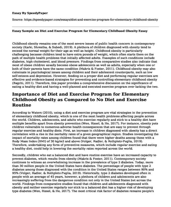 Essay Sample on Diet and Exercise Program for Elementary Childhood Obesity