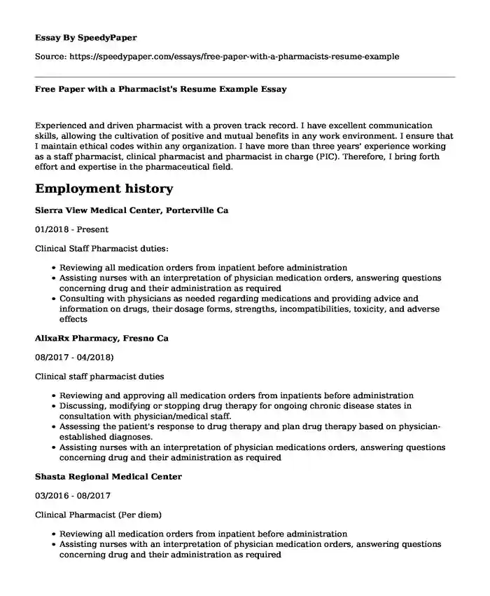 Free Paper with a Pharmacist's Resume Example