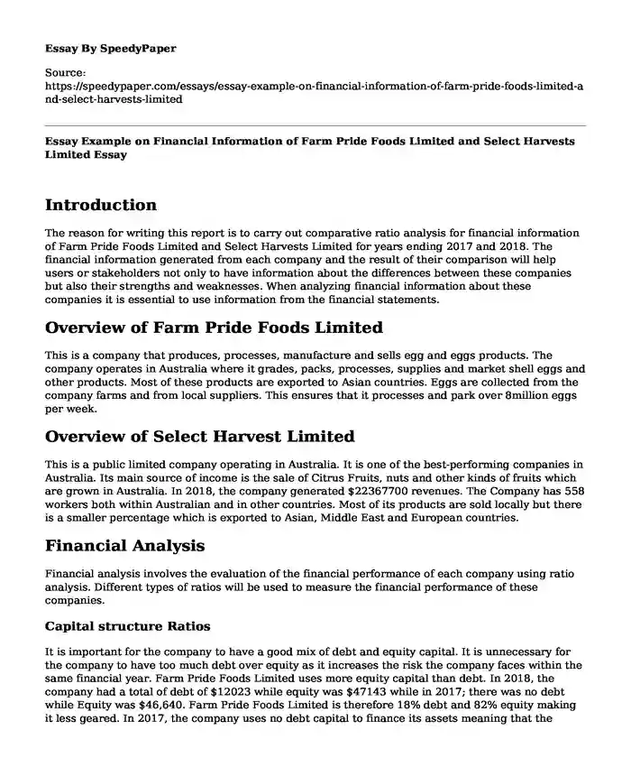 Essay Example on Financial Information of Farm Pride Foods Limited and Select Harvests Limited