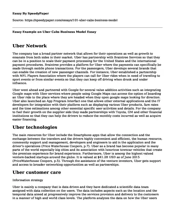 Essay Example on Uber Cabs Business Model