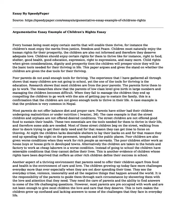 Argumentative Essay Example of Children's Rights