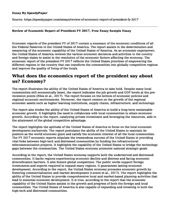 Review of Economic Report of President FY 2017, Free Essay Sample