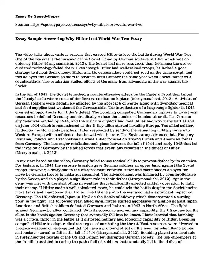 Essay Sample Answering Why Hitler Lost World War Two