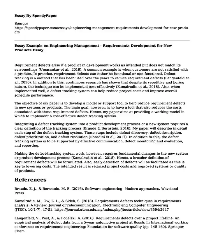 Essay Example on Engineering Management - Requirements Development for New Products