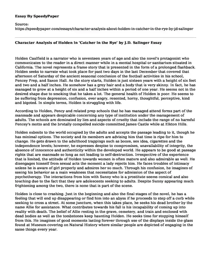 Character Analysis of Holden in 'Catcher in the Rye' by J.D. Salinger