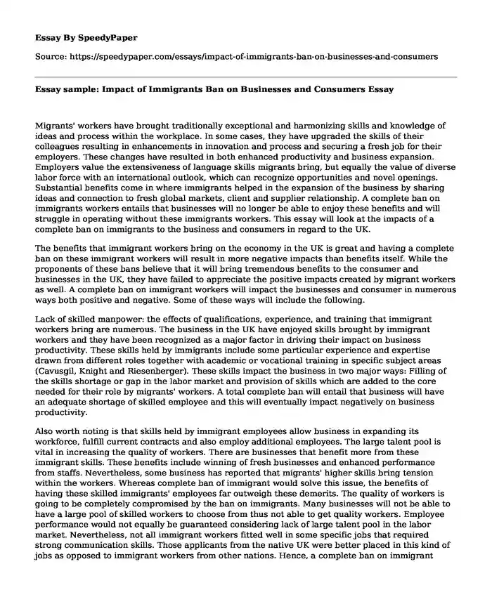 Essay sample: Impact of Immigrants Ban on Businesses and Consumers