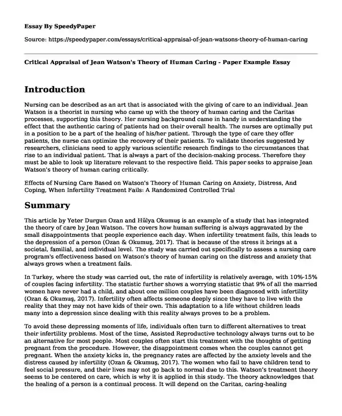 Critical Appraisal of Jean Watson's Theory of Human Caring - Paper Example