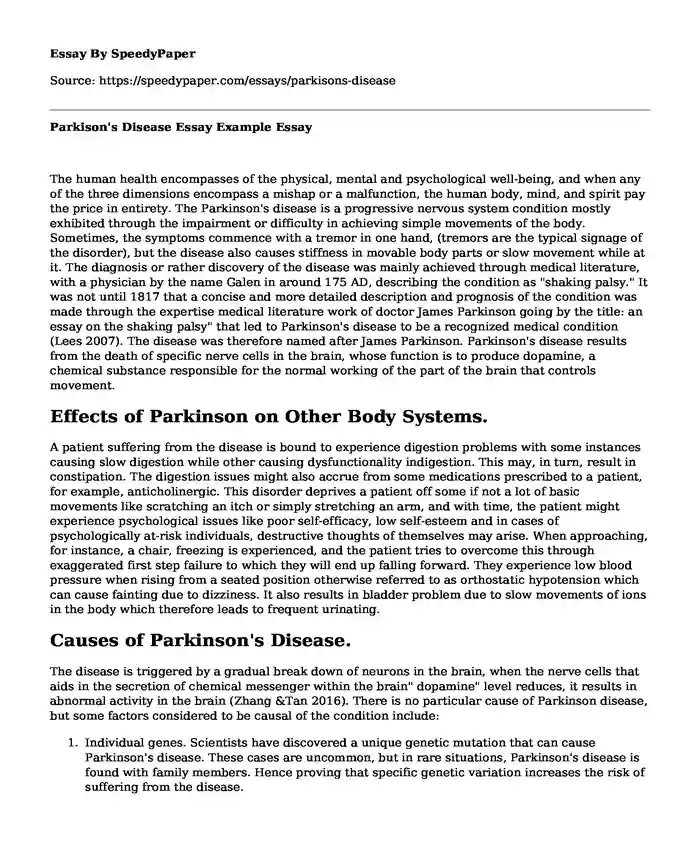 Parkison's Disease Essay Example