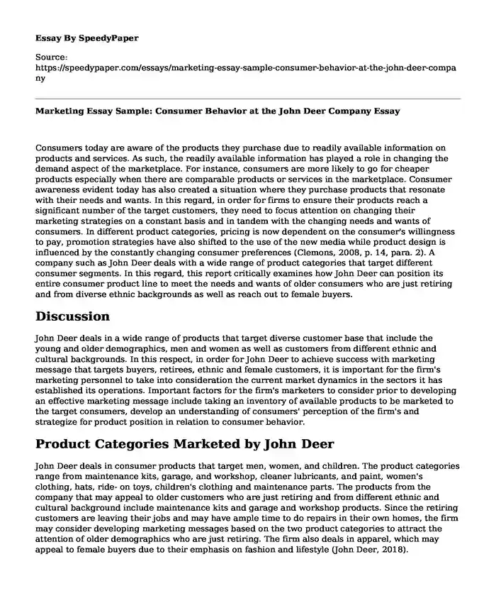 Marketing Essay Sample: Consumer Behavior at the John Deer Company