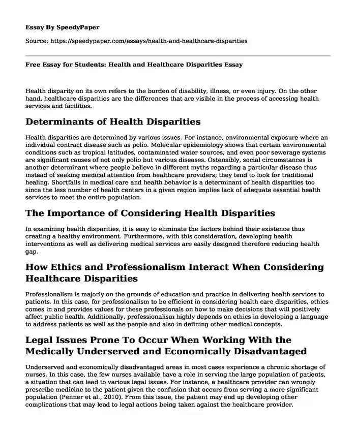 Free Essay for Students: Health and Healthcare Disparities