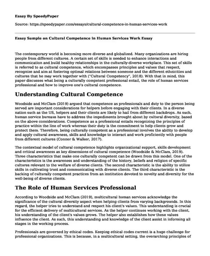 Essay Sample on Cultural Competence in Human Services Work