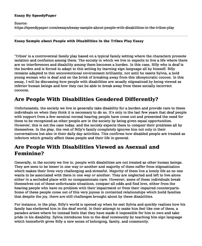 Essay Sample about People with Disabilities in the Tribes Play