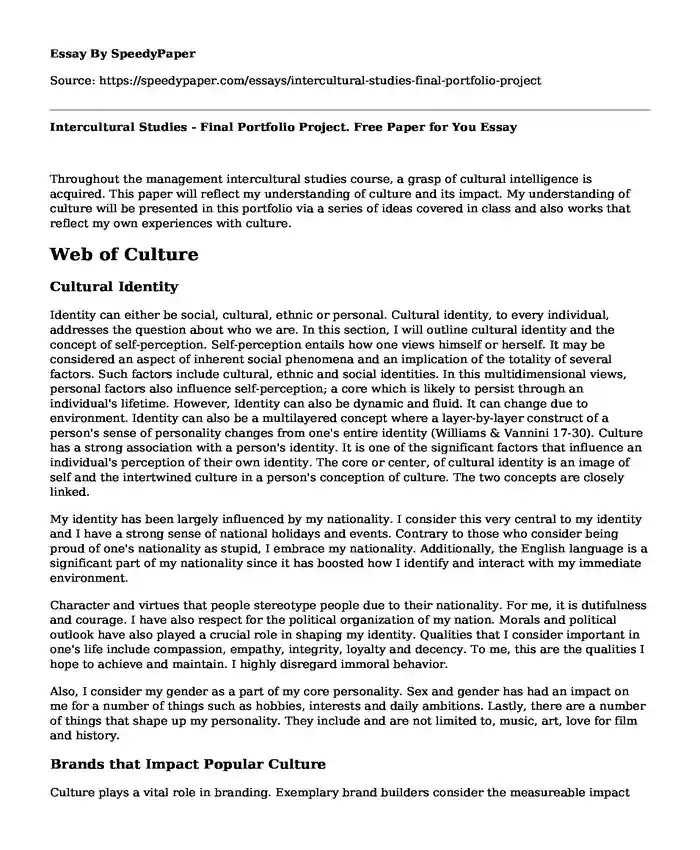 Intercultural Studies - Final Portfolio Project. Free Paper for You