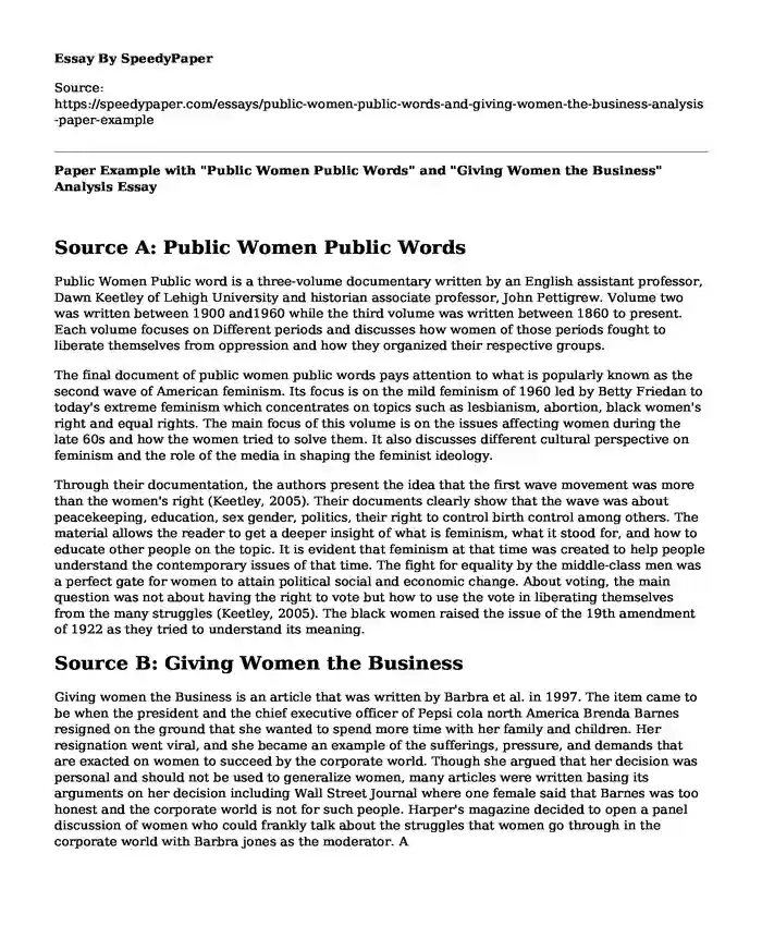 Paper Example with "Public Women Public Words" and "Giving Women the Business" Analysis