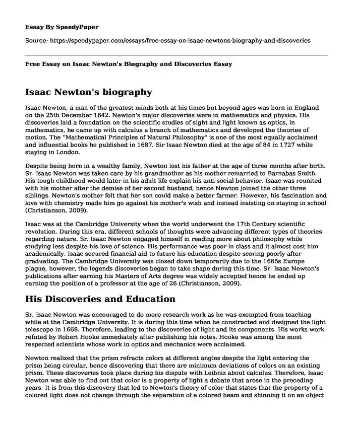 Free Essay on Isaac Newton's Biography and Discoveries