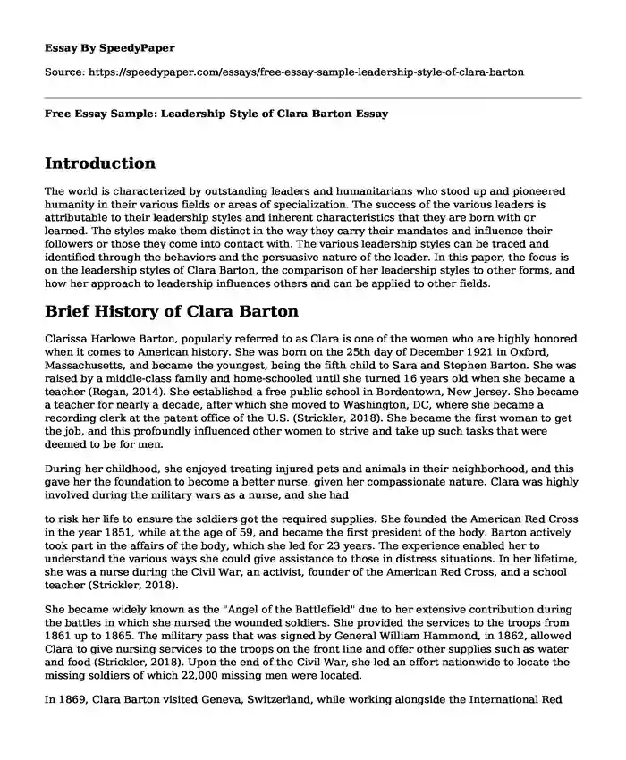 Free Essay Sample: Leadership Style of Clara Barton