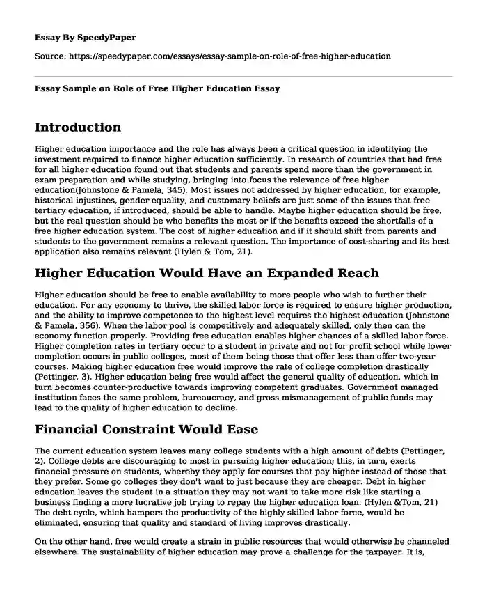 Essay Sample on Role of Free Higher Education