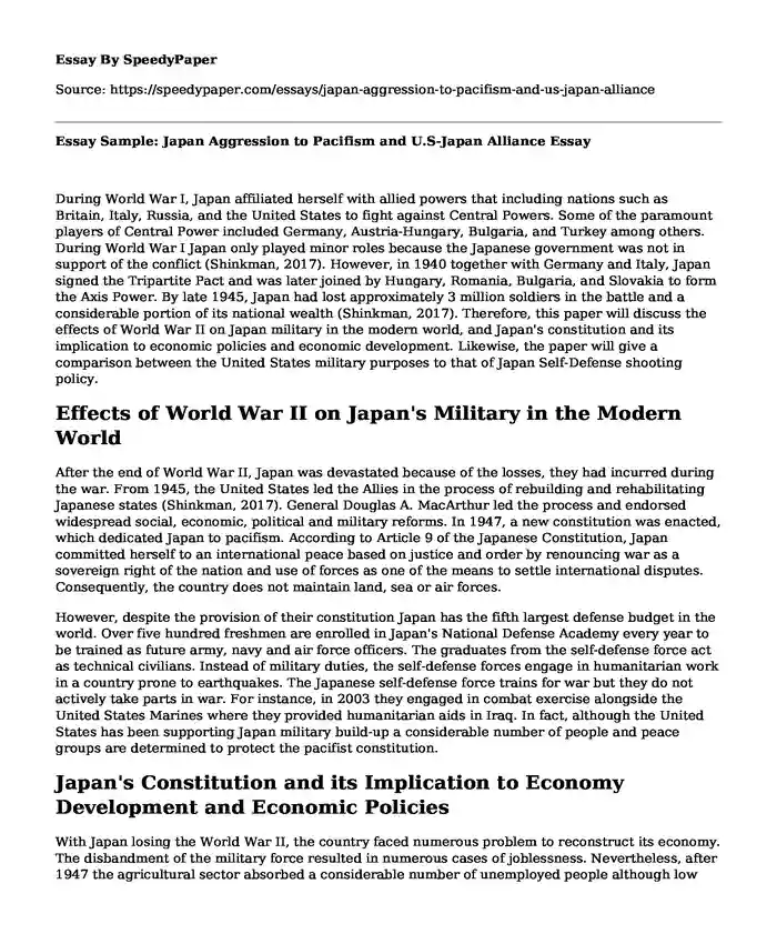 Essay Sample: Japan Aggression to Pacifism and U.S-Japan Alliance